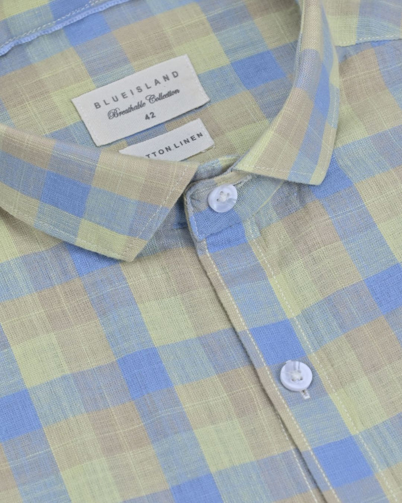 Blue & Beige Box Checks -Full-Cotton Linen Shirt