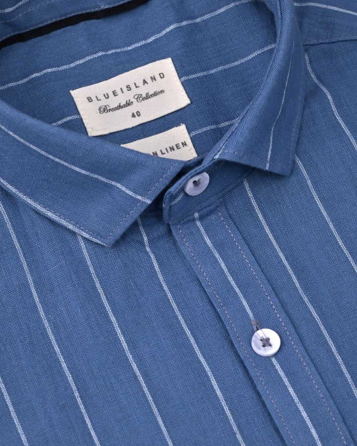 Metal Blue Broad Stripes-Full-Cotton Linen Shirt