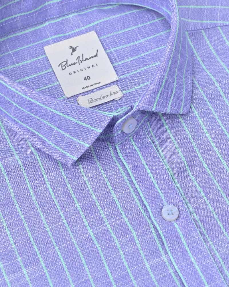 Denim & Green Line Stripes -Full-Bamboo Linen