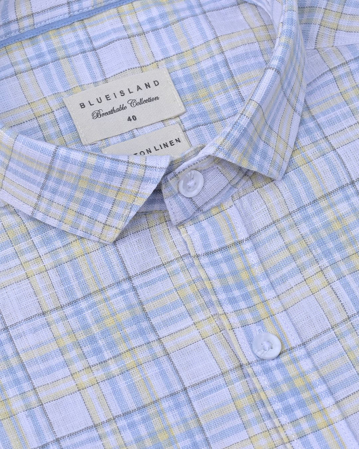 Yellow & Blue Multi Line Checks -Full-Cotton Linen Shirt