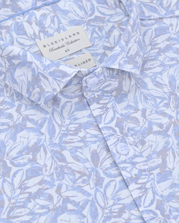 Cream Leafy Print-Full-Cotton Linen Shirt