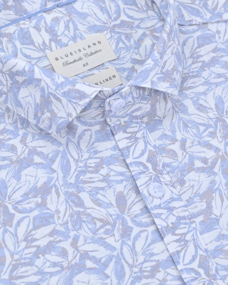 Cream Leafy Print-Full-Cotton Linen Shirt