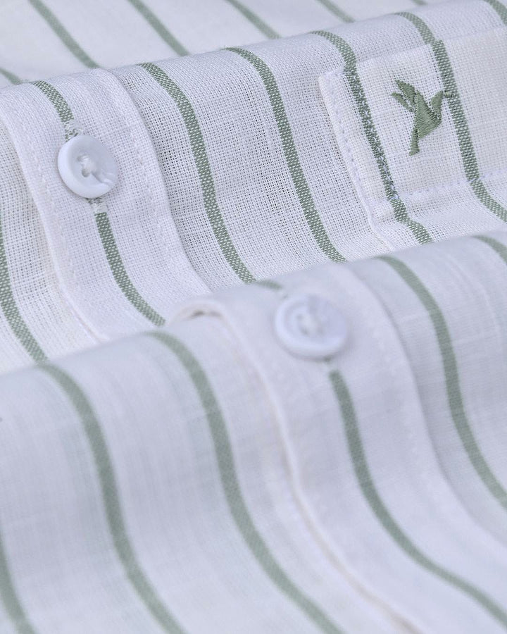 White & Green Line Stripes-Full-Cotton Linen Shirt