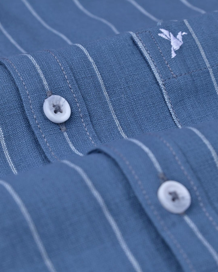 Metal Blue Broad Stripes-Full-Cotton Linen Shirt