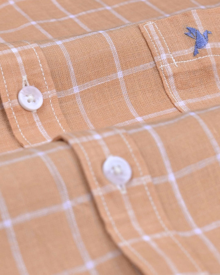 Mild Orange & White Checks - Half Sleeve -Cotton Linen Shirt