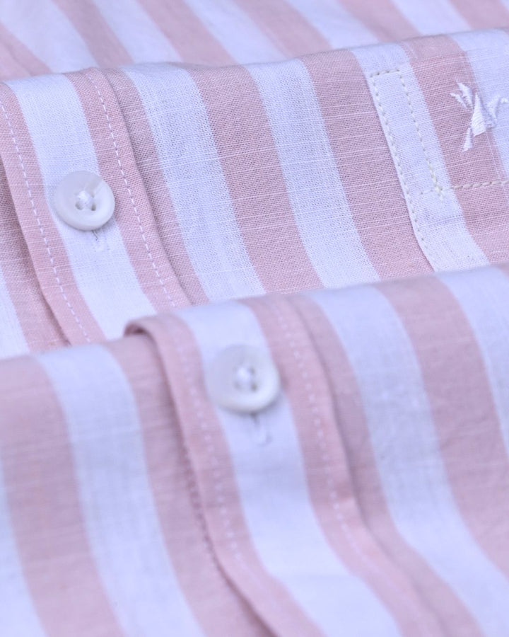 White & Pink Bold Stripes -Full-Cotton Linen Shirt