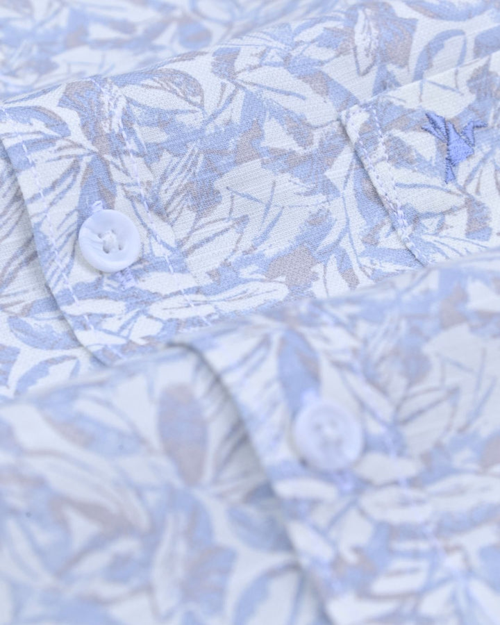 Cream Leafy Print-Full-Cotton Linen Shirt