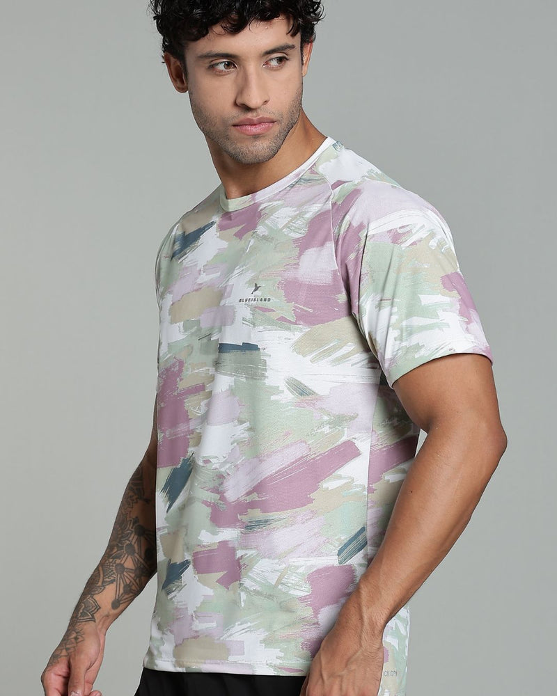 Pistah Green & Pink Splash - Active wear Round neck Tshirt