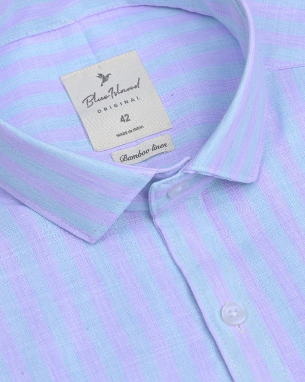 Blue & Lavender Stripes -Half Sleeve-Bamboo Linen