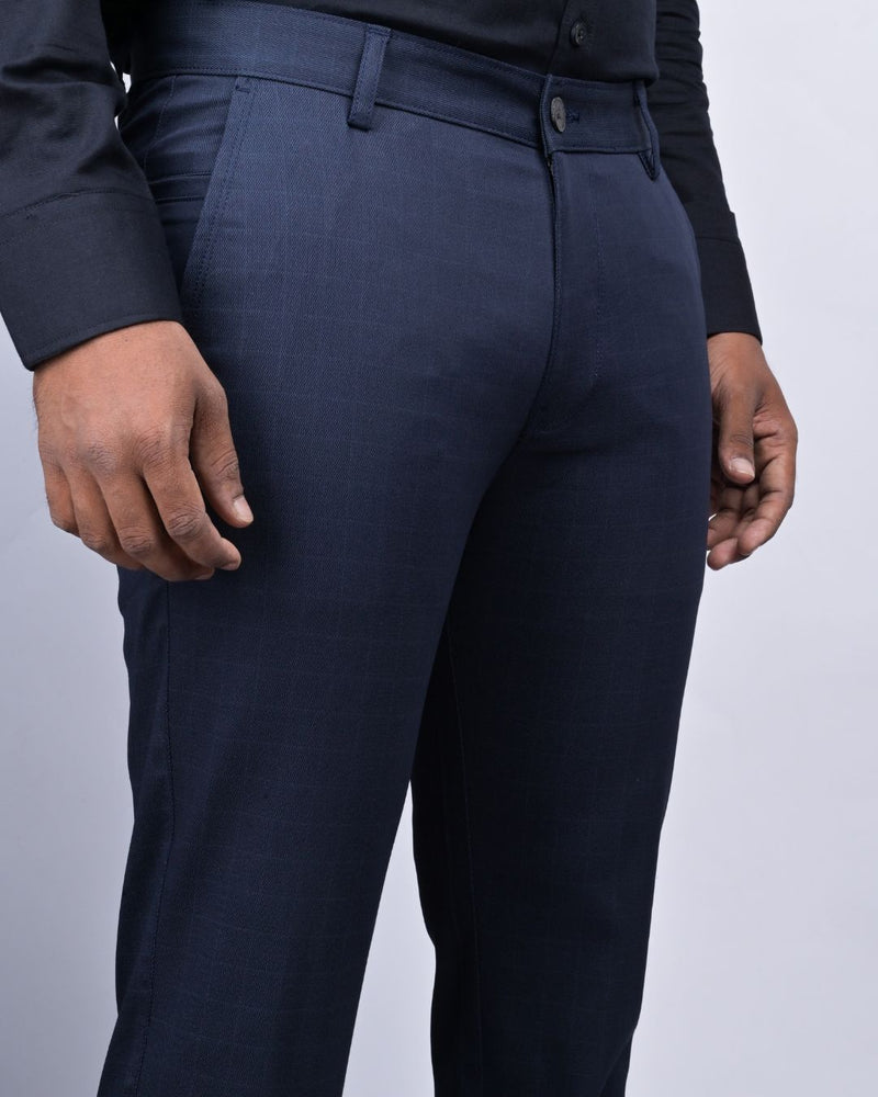 Navy Wavy Checked - 2 way stretch - COTTON PANT