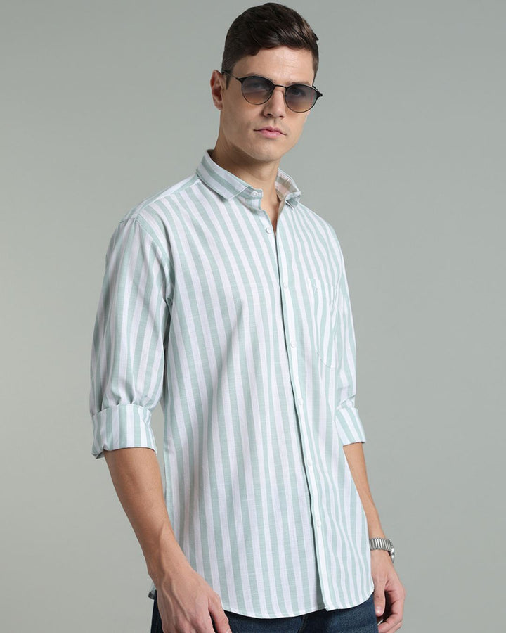 White & Green Bold Stripes -Full-Cotton Linen Shirt