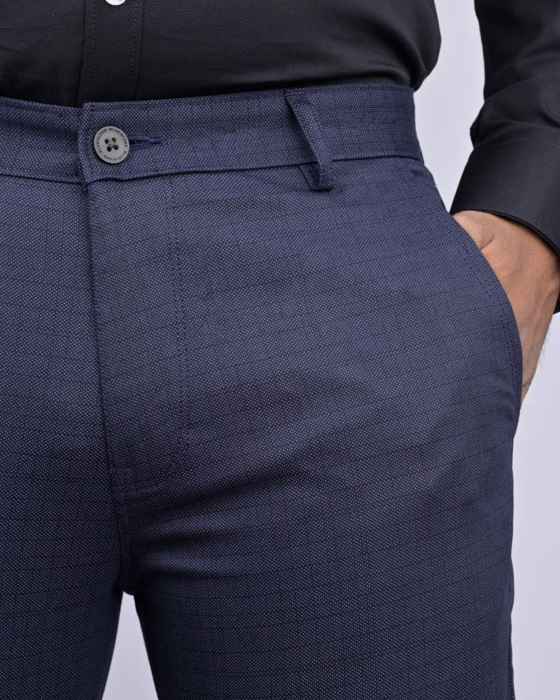 Navy Grain Checked - 2 way stretch - COTTON PANT