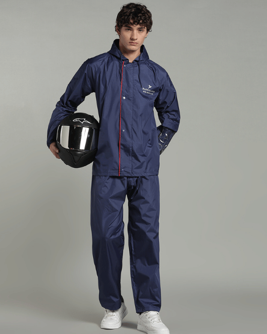 Matte Navy with Red Border - Rain Jacket with Pant & Mobile Pouch