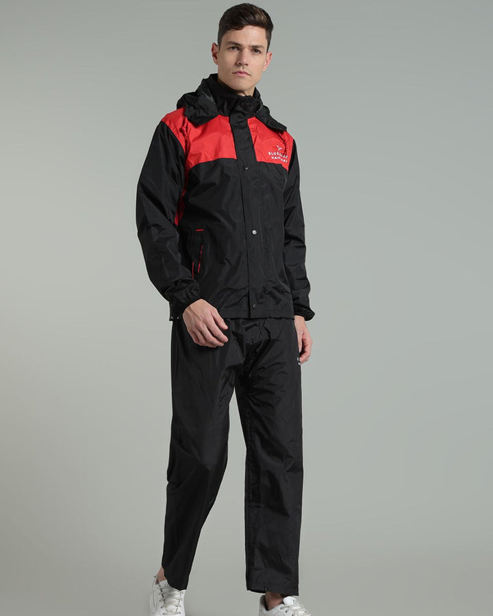 Black with Red Shoulder Panel - Rain Jacket with Pant