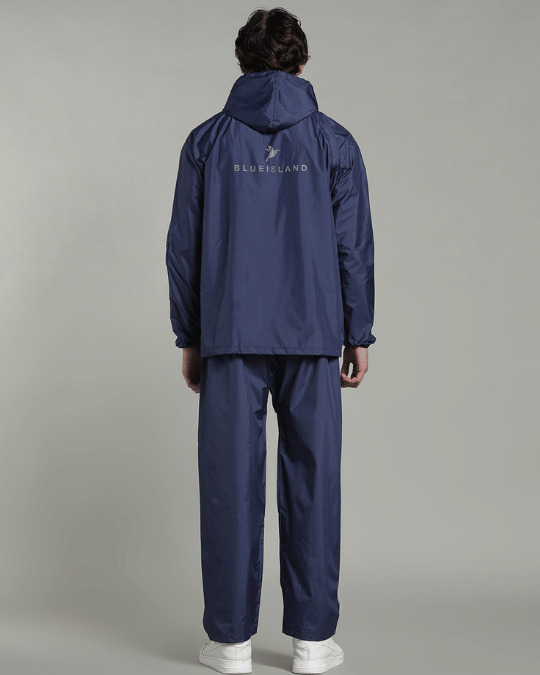 Matte Navy with Red Border - Rain Jacket with Pant & Mobile Pouch
