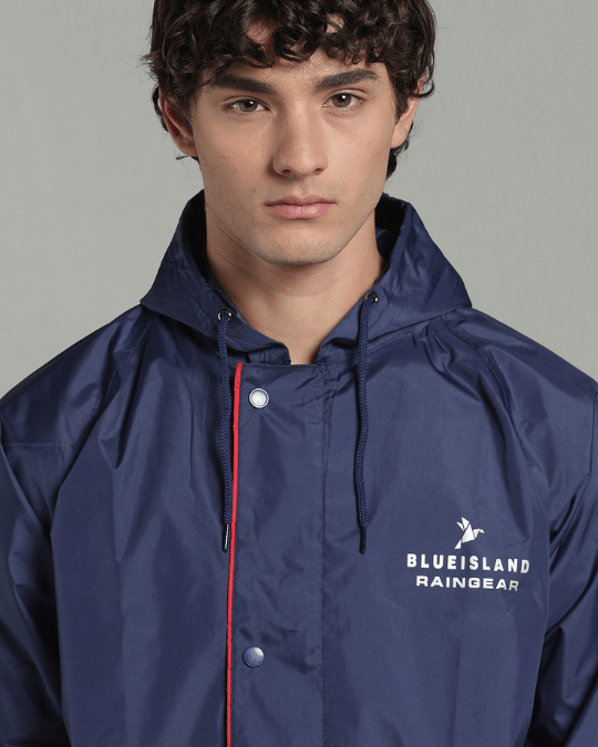 Matte Navy with Red Border - Rain Jacket with Pant & Mobile Pouch