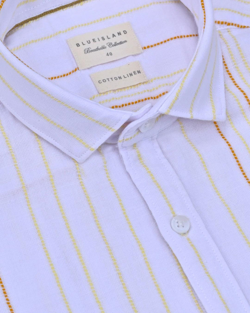 White & Yellow Multi Line Stripes-Full-Cotton Linen Shirt
