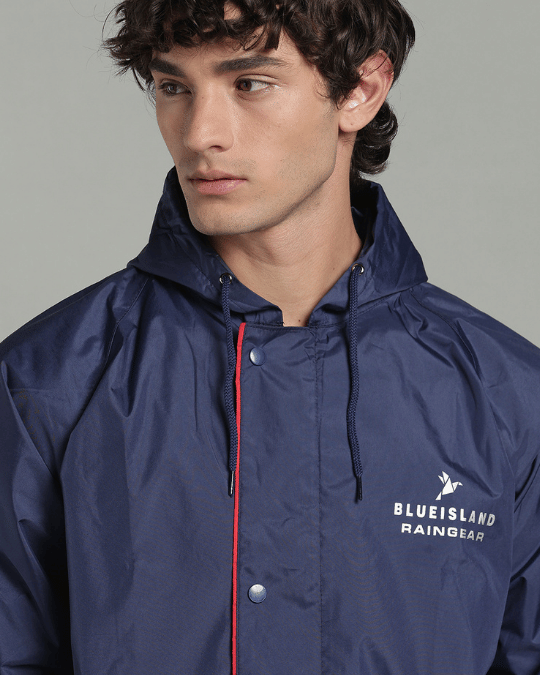 Matte Navy with Red Border - Rain Jacket with Pant & Mobile Pouch