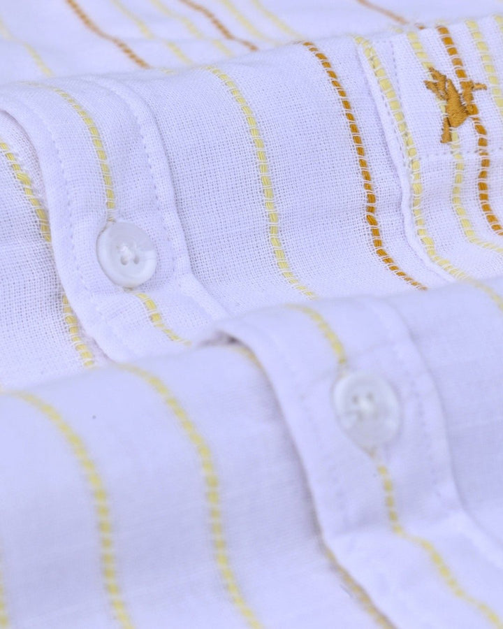 White & Yellow Multi Line Stripes-Full-Cotton Linen Shirt