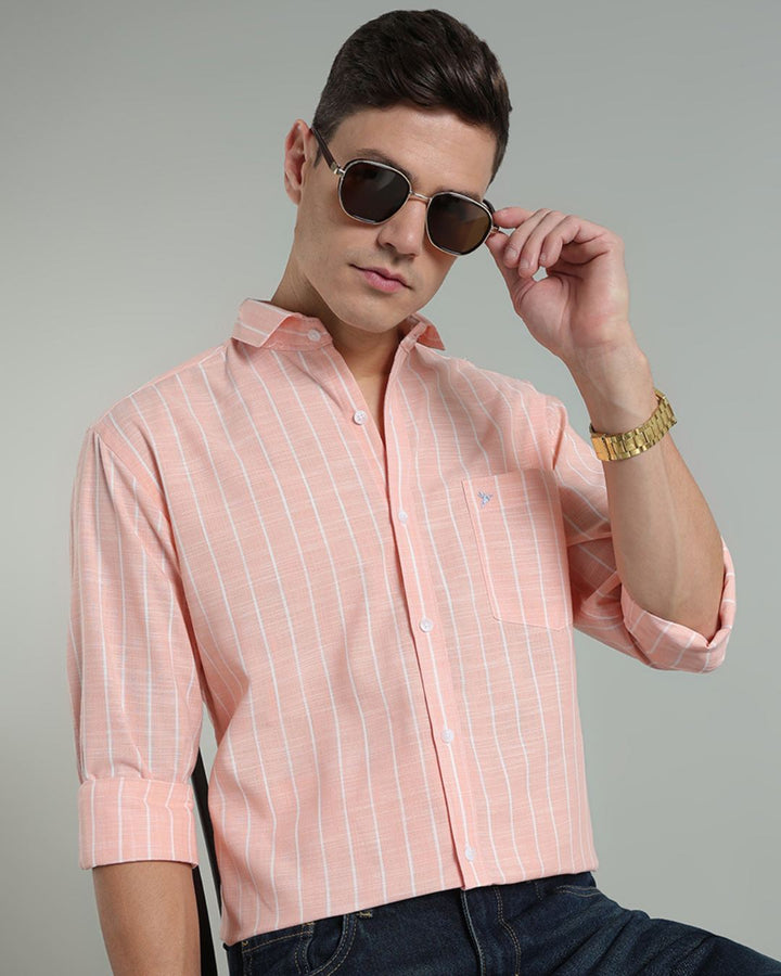 Peach Orange & White Line Stripes -Full-Cotton Linen Shirt