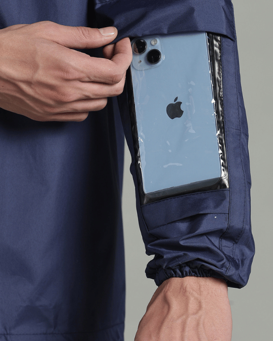 Matte Navy with Red Border - Rain Jacket with Pant & Mobile Pouch