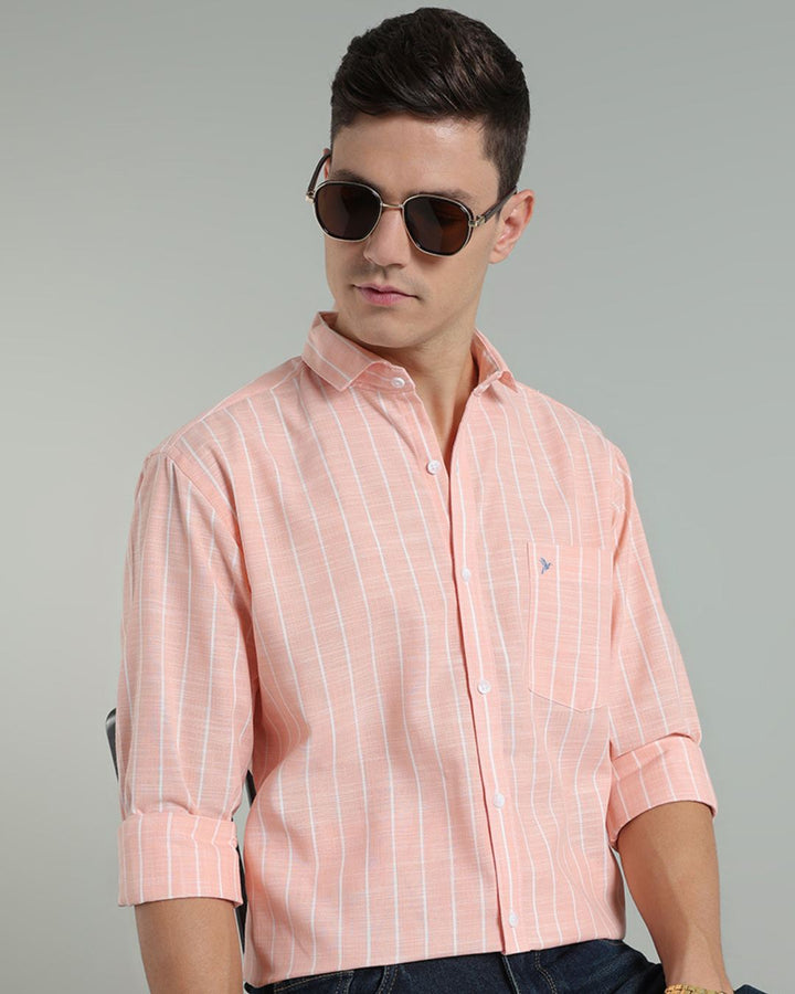 Peach Orange & White Line Stripes -Full-Cotton Linen Shirt