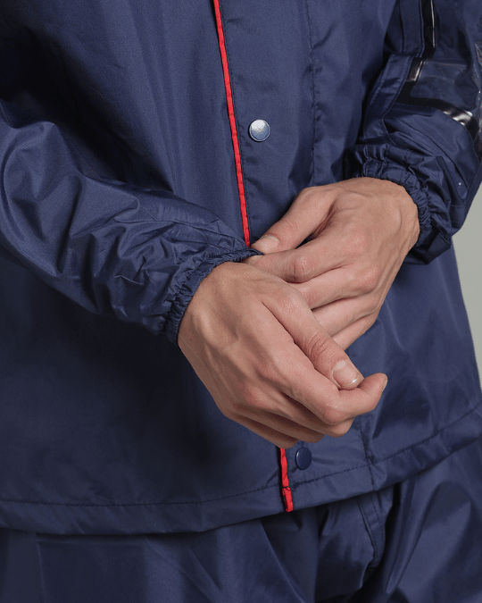 Matte Navy with Red Border - Rain Jacket with Pant & Mobile Pouch