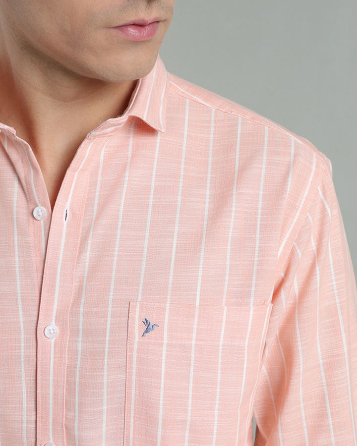 Peach Orange & White Line Stripes -Full-Cotton Linen Shirt