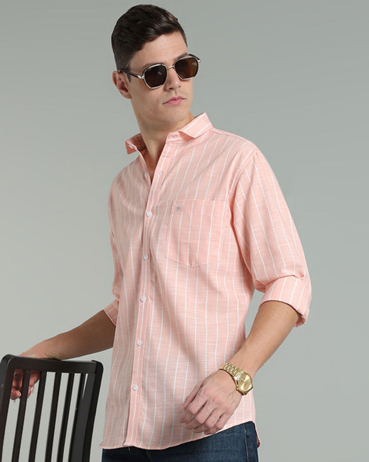 Peach Orange & White Line Stripes -Full-Cotton Linen Shirt
