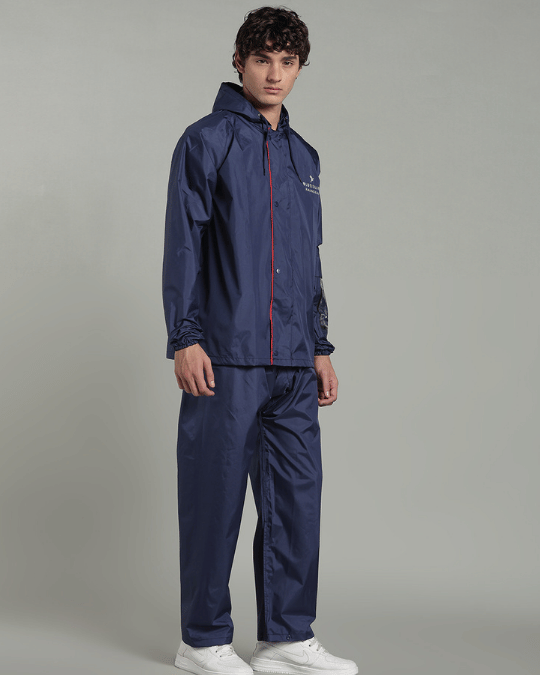 Matte Navy with Red Border - Rain Jacket with Pant & Mobile Pouch