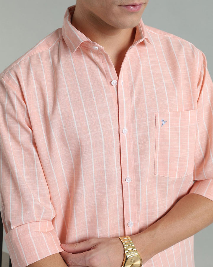 Peach Orange & White Line Stripes -Full-Cotton Linen Shirt