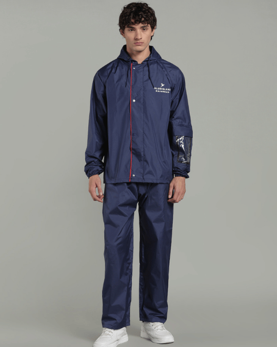 Matte Navy with Red Border - Rain Jacket with Pant & Mobile Pouch