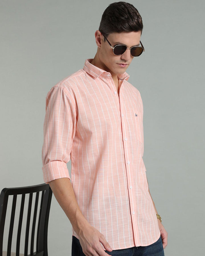 Peach Orange & White Line Stripes -Full-Cotton Linen Shirt