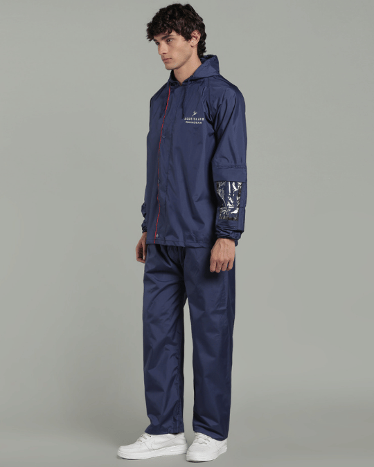 Matte Navy with Red Border - Rain Jacket with Pant & Mobile Pouch