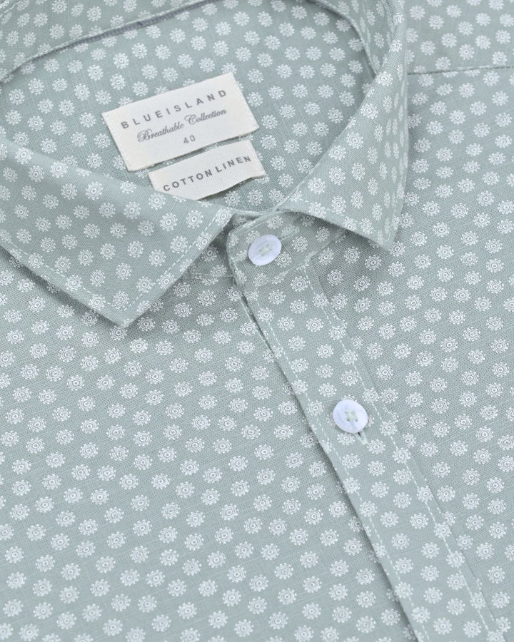 Green Chakra Print-Full-Cotton Linen Shirt
