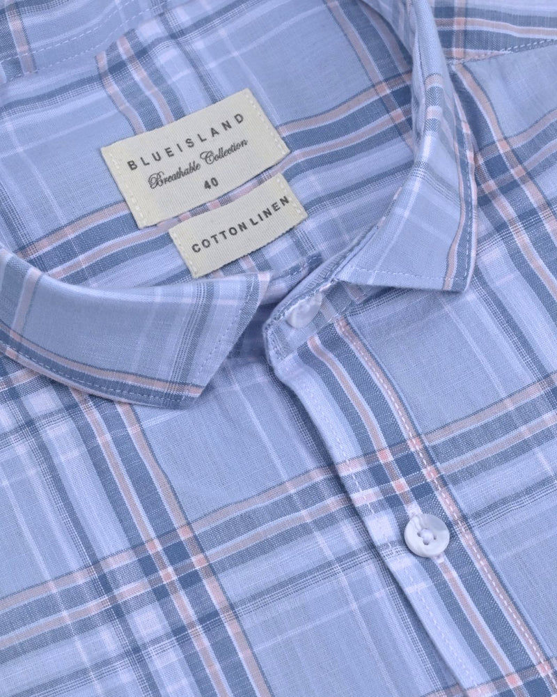 Sea Blue Multi Checks -Full-Cotton Linen Shirt
