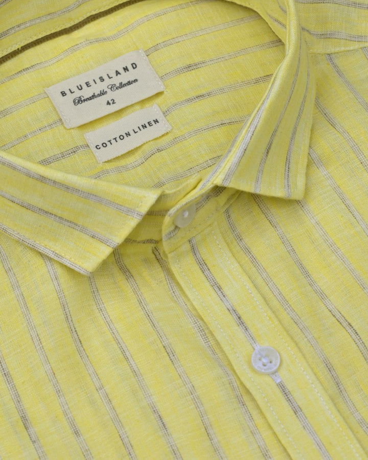 Yellow Multi Dotted Line Stripes -Full-Cotton Linen Shirt