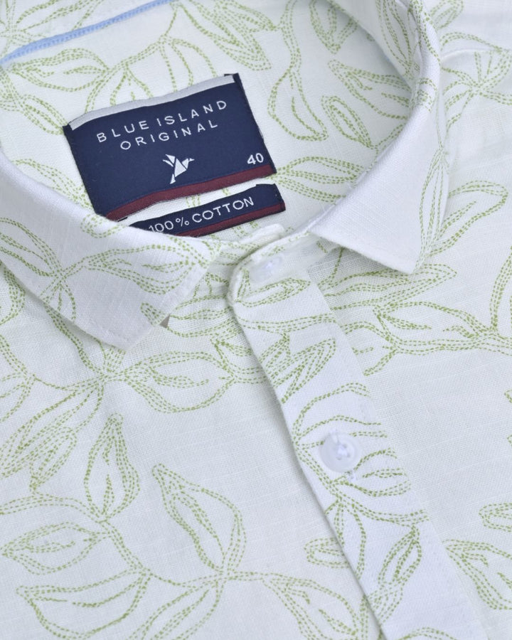 White & Green Leaf Print - Full-Stain Proof