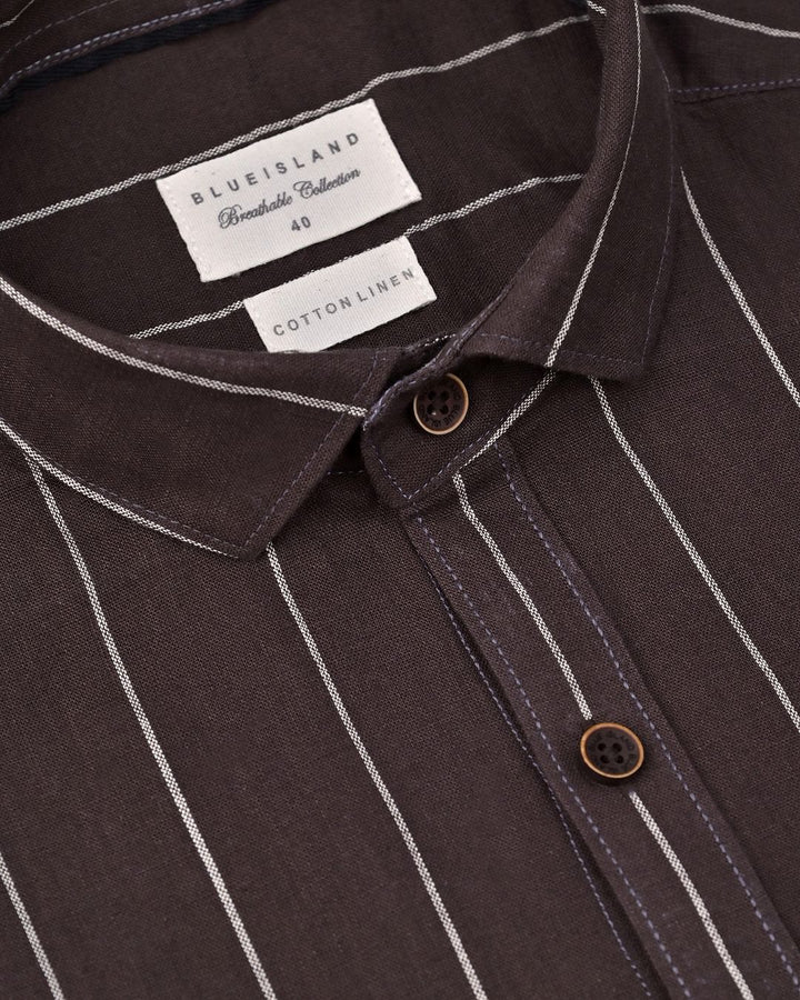 Dark Brown Broad Stripes-Full-Cotton Linen Shirt