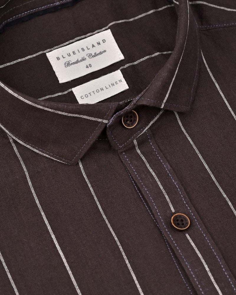 Dark Brown Broad Stripes-Full-Cotton Linen Shirt