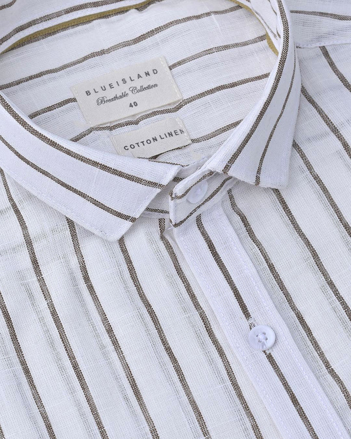 White & Brown Line Stripes-Full-Cotton Linen Shirt