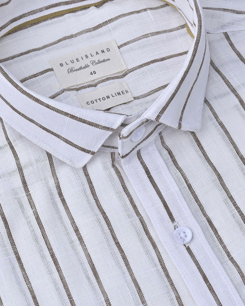 White & Brown Line Stripes-Full-Cotton Linen Shirt