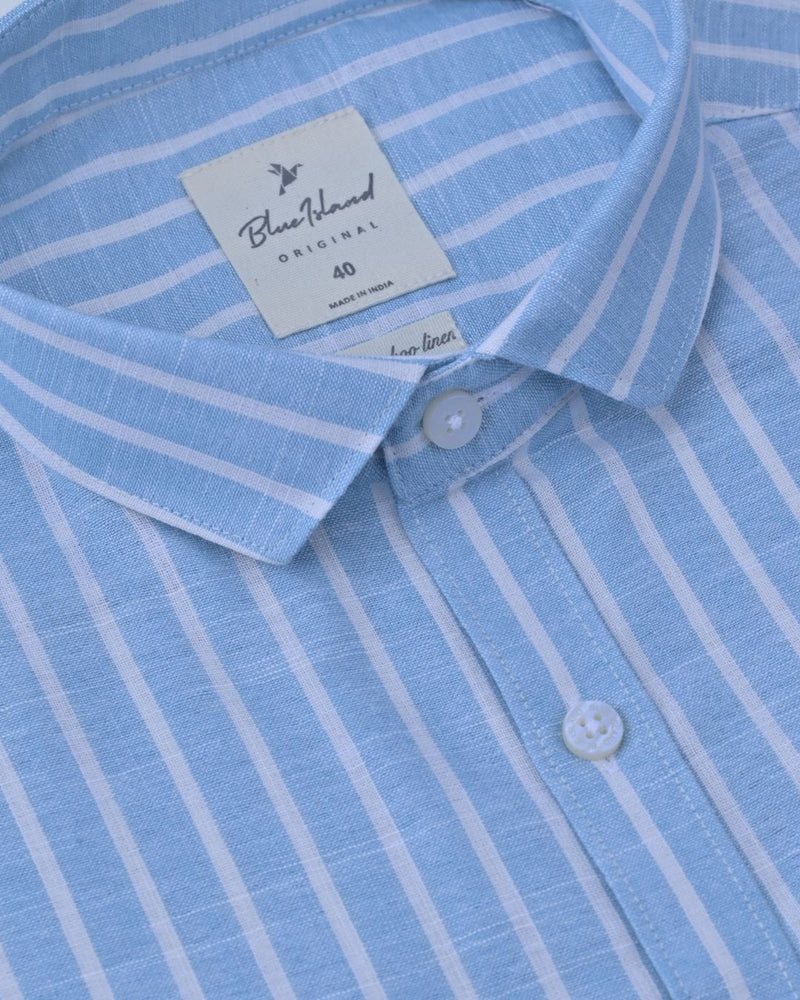 Aqua Blue & White Stripes -Full-Bamboo Linen