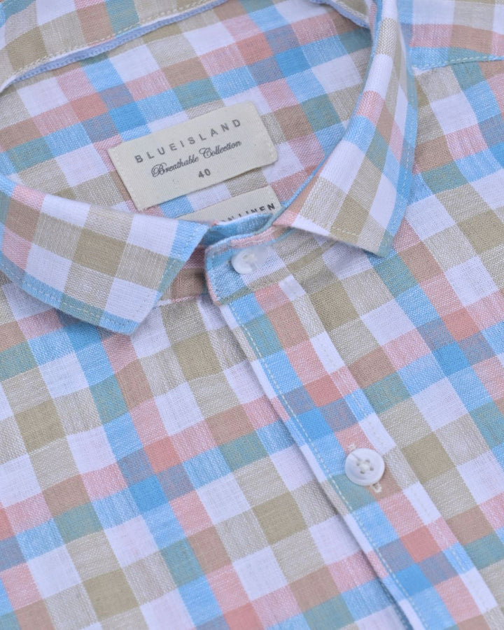 White & Blue Box Checks -Full-Cotton Linen Shirt