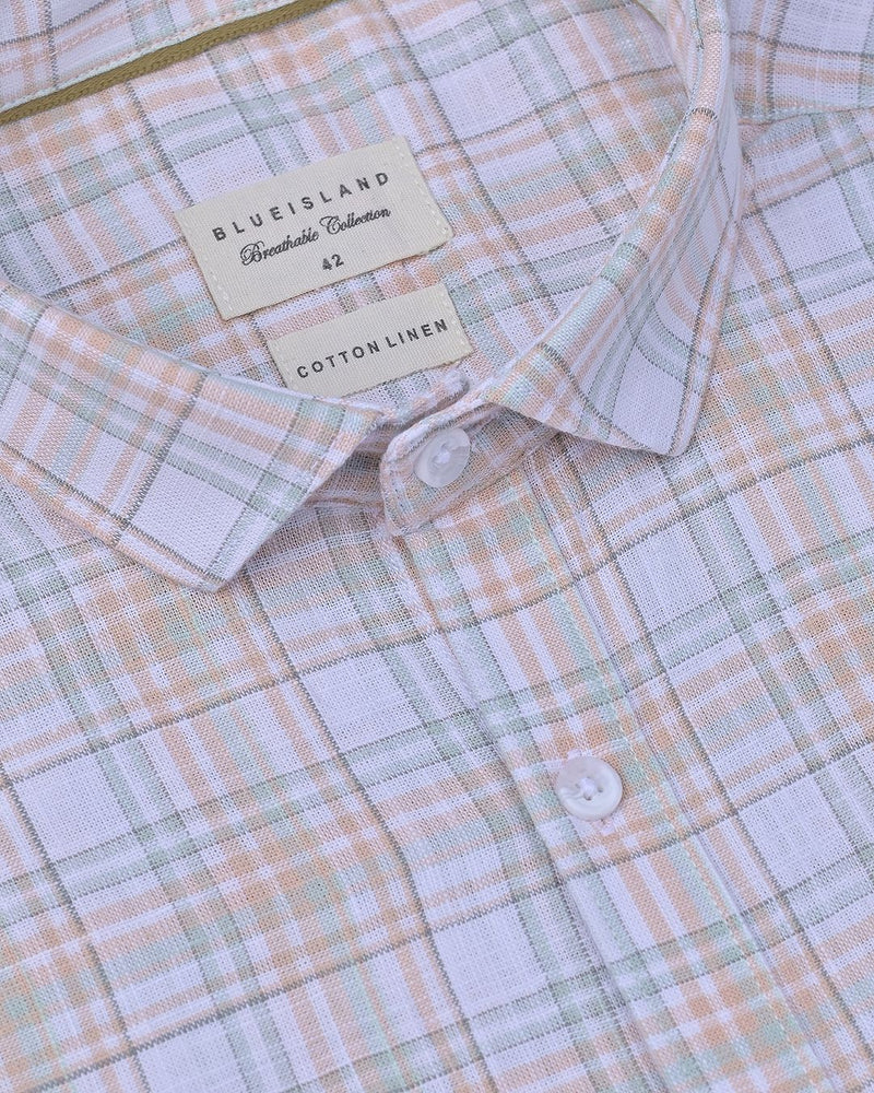 Orange & Green Multi Line Checks -Full-Cotton Linen Shirt