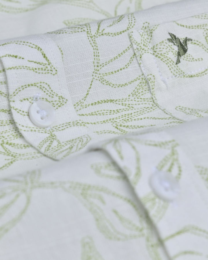 White & Green Leaf Print - Full-Stain Proof