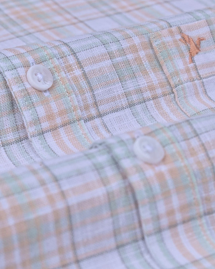 Orange & Green Multi Line Checks -Full-Cotton Linen Shirt