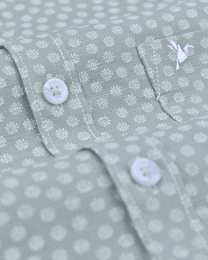Green Chakra Print-Full-Cotton Linen Shirt