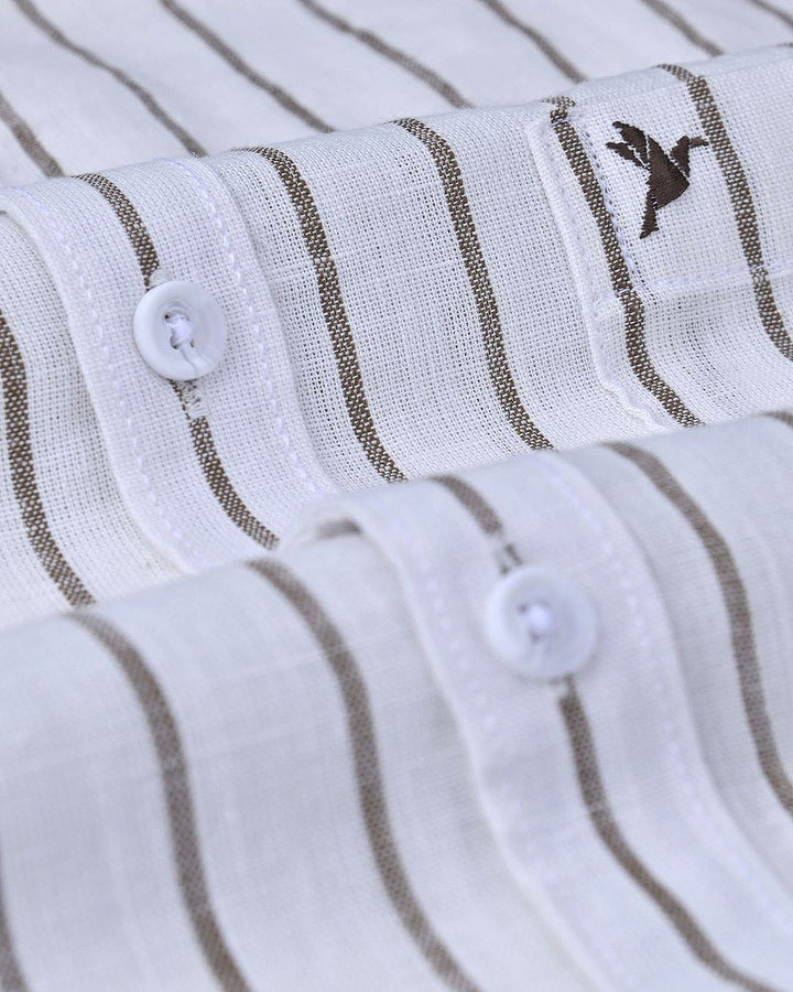 White & Brown Line Stripes-Full-Cotton Linen Shirt