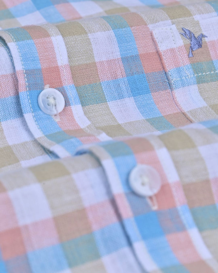 White & Blue Box Checks -Full-Cotton Linen Shirt